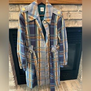 Cabi Plaid Trench Coat in Blue, Tan & Olive